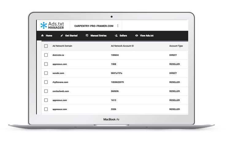 Organized partner entries inside Ads.txt Manager